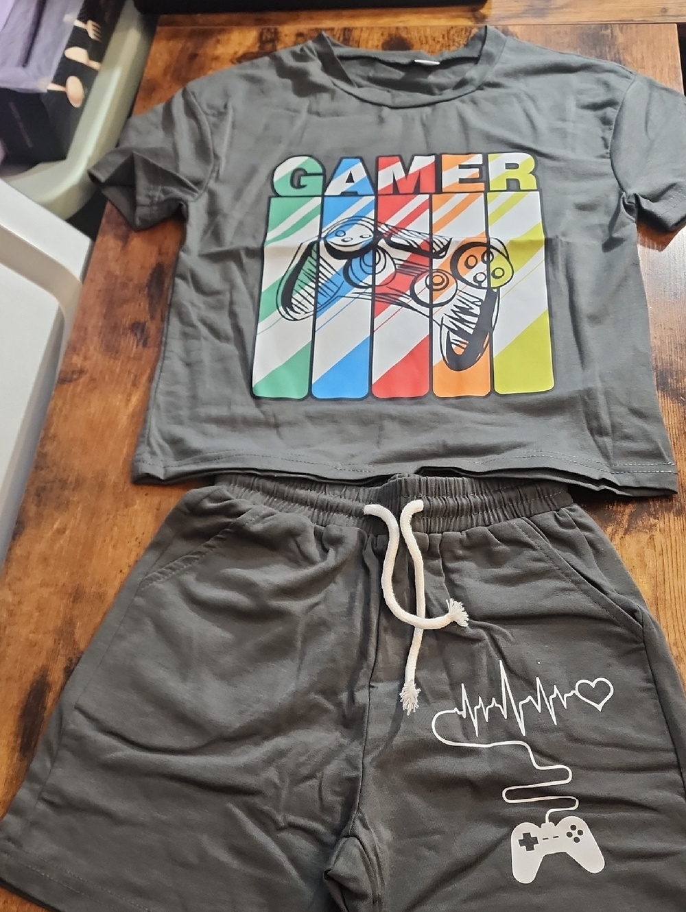 Kids Gamer Graphic Tee and Shorts Set - Gray Young Boy fashionable Letter